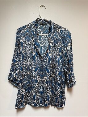 Blue Paisley V-Neck Ruffle-Trim Blouse